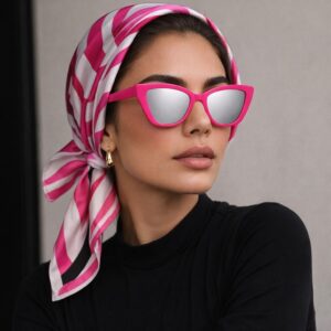 عینک آفتابی زنانه مدل گربه‌ای زاویه‌دار سرخابی نئون با لنز آینه‌ای نقره‌ای وارداتی (Hot Pink Angular Cat-Eye with Silver Mirrored Lenses)