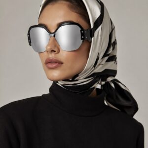 عینک آفتابی زنانه مدل نقابی نیم‌فریم با لنز آینه‌ای نقره‌ای وارداتی (Black Semi-Rimless Shield Sunglasses with Silver Mirrored Lens)