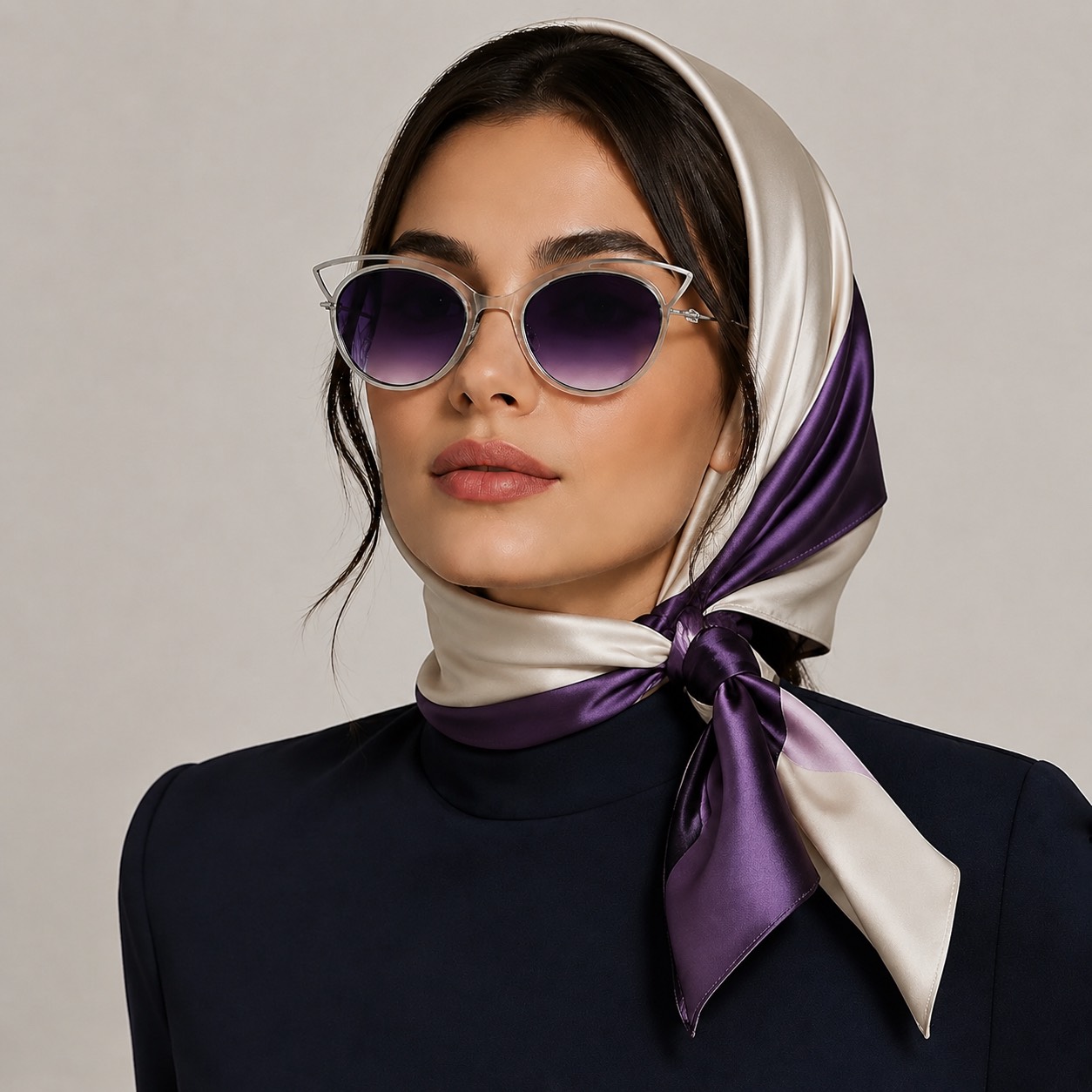 عینک زنانه مدل فلزی نقرهای با فرم معماریگونه و لنز بنفش وارداتی - Image 4