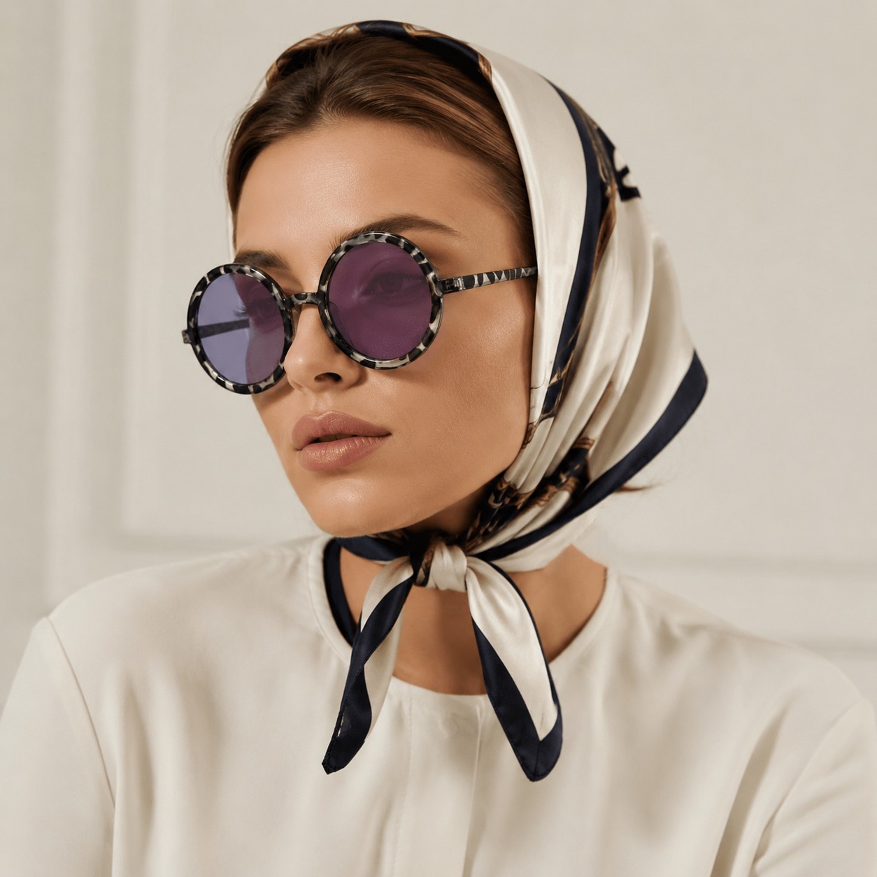 عینک زنانه مدل گرد رترو با پترن مونوکروم و لنز بنفش وارداتی - Image 4